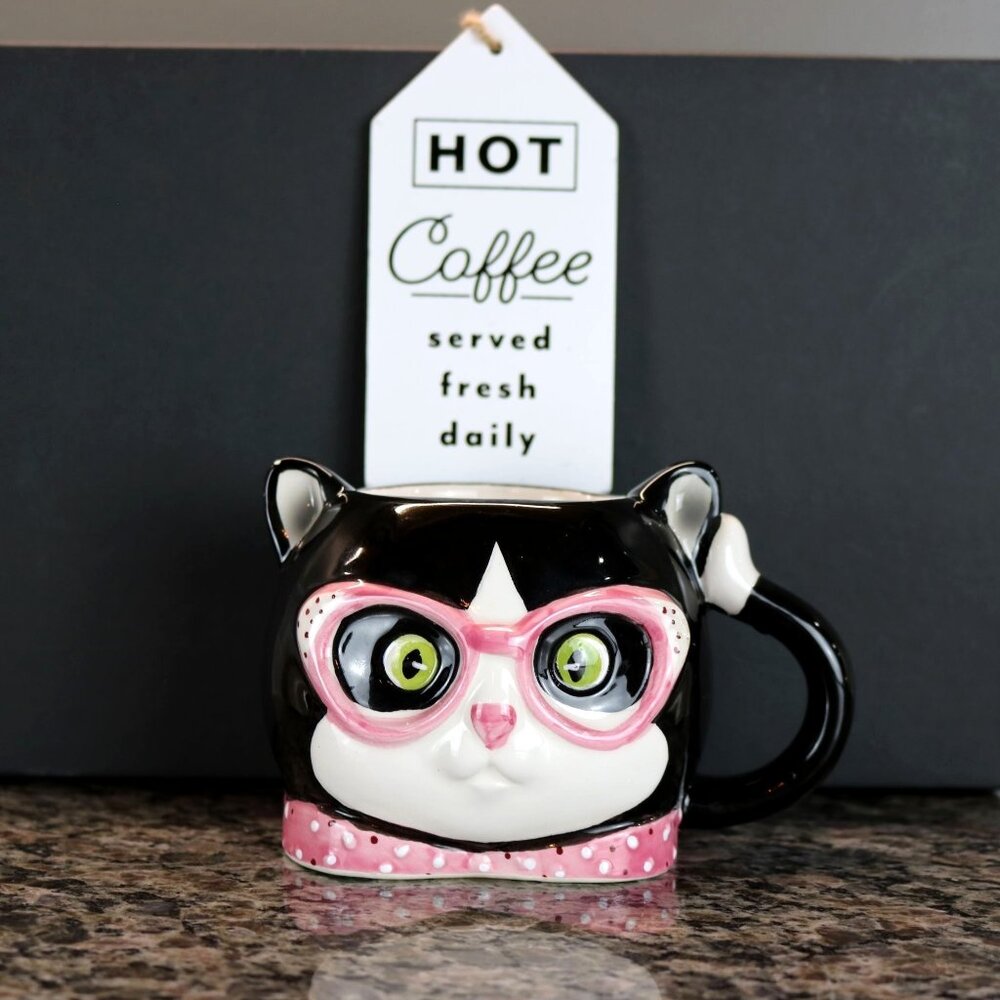 Vintage 3D Cat with Pink Glasses Coffee Mug. Adorable Collectable !